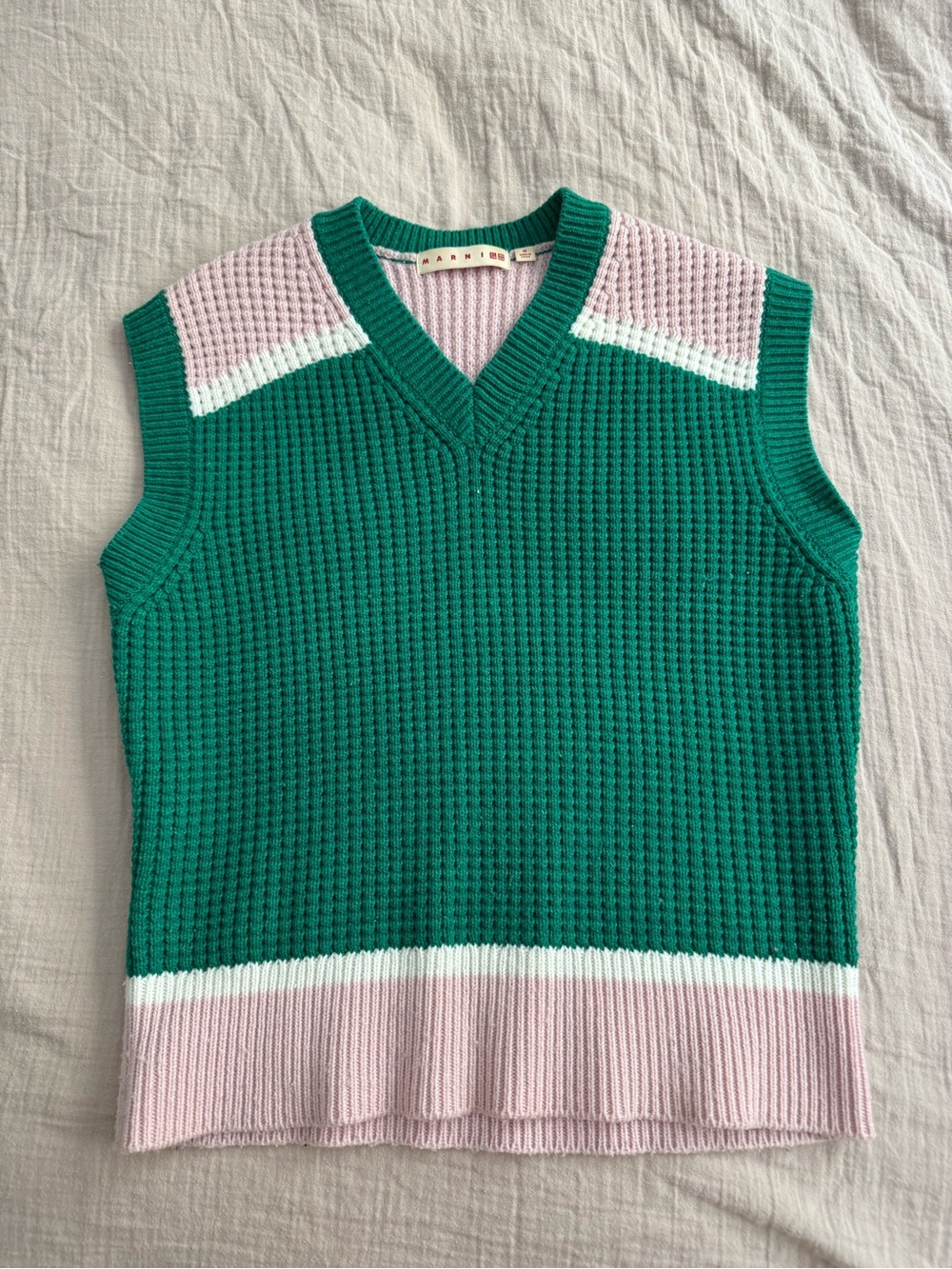 Uniqlo Green V-Neck Knit Sleeveless Sweater with Pink and White Trim